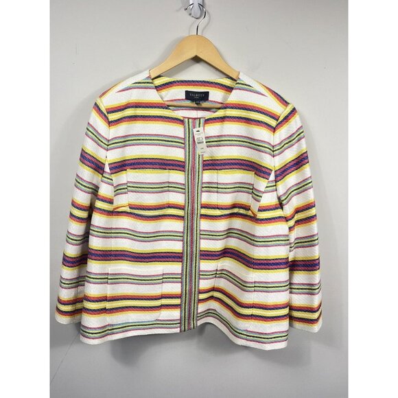 Talbots Blazer Womens 20 Ivory Pink Jacket Stripe Collarless 3/4 Sleeve - Picture 1 of 12